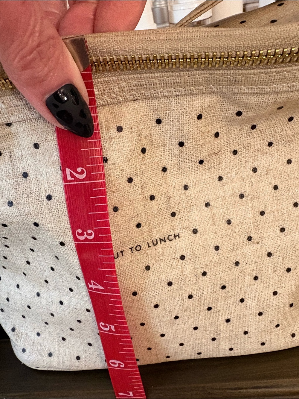 kate spade Out To Lunch Polka Dot Canvas Tote - Cream & Black with Gold Hardware - Picture 5 of 7